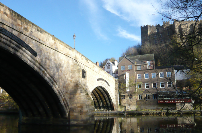Framwellgate Bridge, with Durham Castle looming over it. 