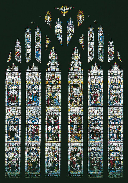 The Te Deum Window. This window was unveiled in 1869 in memory of Charles Thorp, Archdeacon of Durham, who was instrumental in the foundation of Durham University in the 1830s. The window cost 650 and incorporates some fragments of medieval glass in its upper sections. 