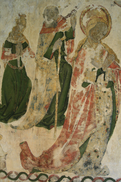 The 15th century wall painting recently discovered under later layers of paint in the Deanery vestibule, formerly the prior's chapel.