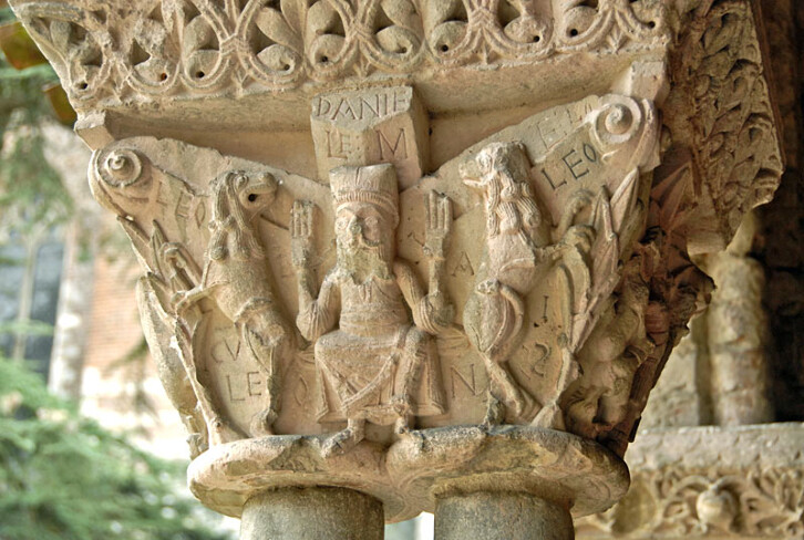 Capital depicting Daniel in the Lion's Den, abbey of St Pierre de Moissac, France, circa 1100. (For more information about the building see Paradox Place).