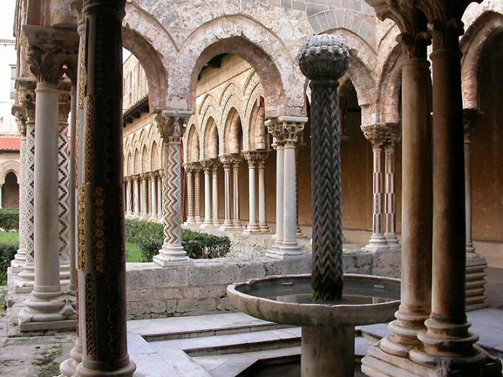 View of the cloisters of Monreale Cathedral, Sicily, late 12th century. The cloisters of Monreale Cathedral make heavy use of the chevron (zigzag) design, which appears in Durham Cathedral as well.