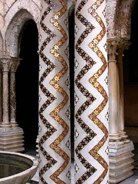 Detail of the columns in the cloisters of Monreale Cathedral, Sicily, late 12th century. The use of gold mosaic, popular in Byzantine art, never really died out, probably because its effect was so dazzling. In this example, the combination of several geometric patterns indicates a strong Islamic influence.
