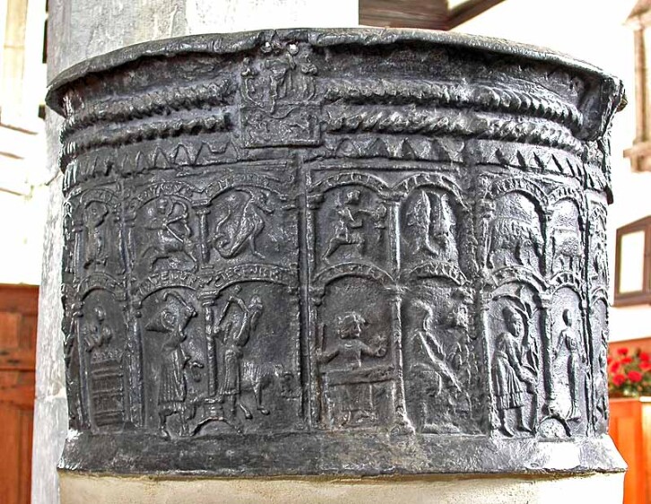 A lead font from the twelfth century in the the church of St. Augustine, Brookland, Kent. 