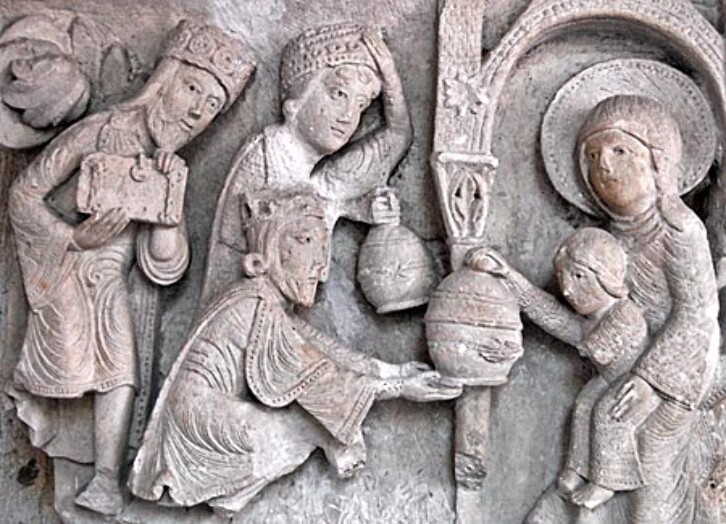 The Adoration of the Magi, a stone carving from the cathedral of St. Lazare in Autun, France. Durham Cathedral would have once had similar carvings on the stone screen that stood in the transept. 