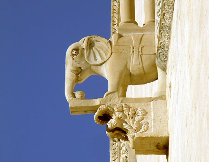 Detail of a corbel at Trani Cathedral, 1099 onwards. Novelty was something that craftsmen and patrons prized, and even though the buildings of a period or style tend to have things in common, they also have what makes them unique. The elephant carved on this corbel, must have been even more eye-catching in the 12th century when it was made than it is today.