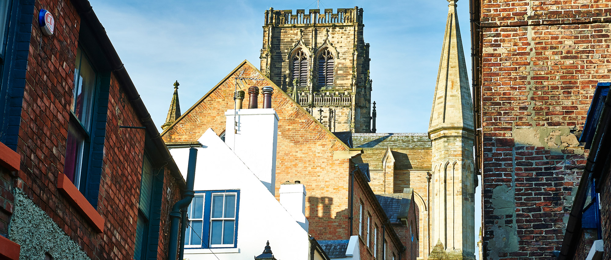 Durham Cathedral from Bow Lane with Hatfield College in the foreground