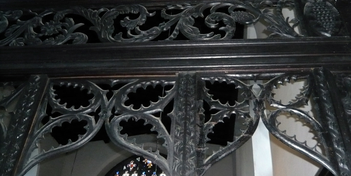 The early eighteenth-century screen in St Mary Le Bow resembles some of the seventeenth-century woodwork inside Durham Cathedral and Castle.