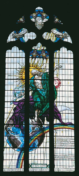 The St Gregory Window. Dedicated in 1936, this window is in the Art Deco style. It depicts St. Gregory offering the music of the spheres to God. The window was commissioned in memory of Philott Blackett (1882-1935) and is by Hugh Easton. 