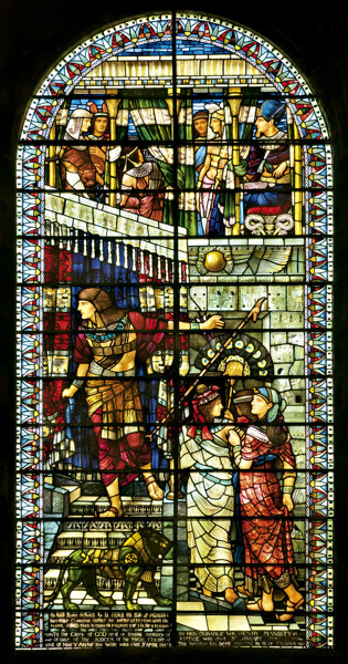 The Moses window. Stained glass windows are an ideal memorial as they can be added to a building without destroying the original fabric, yet having a significant visual impact. This one, depicting a scene from the life of Moses, was added in memory of Sir Henry Manisty, a judge of the high court, and his wife, Mary Ann, who died in 1890 and 1893 respectively. The inscription reads 