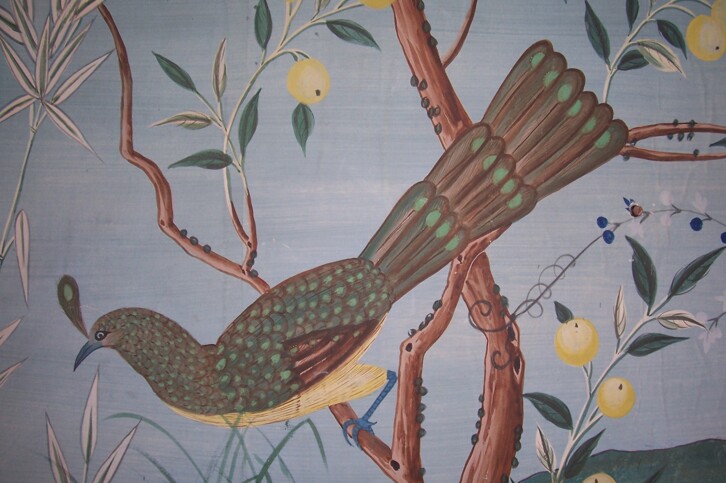 Detail of the Chinese wallpaper in the Solarium, Durham Deanery. 
