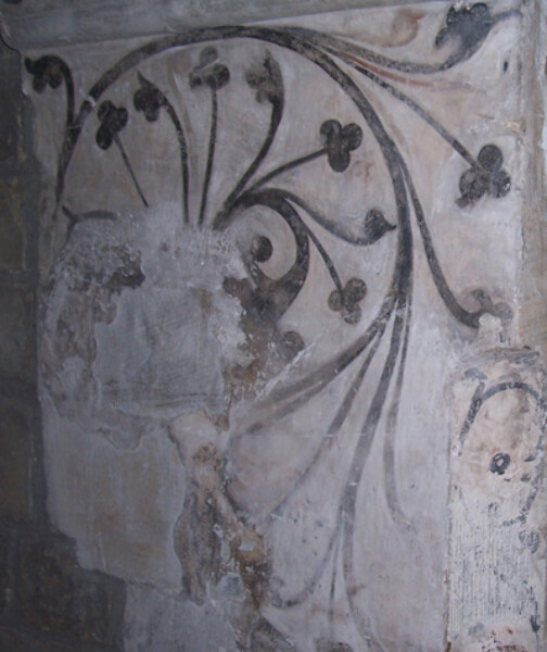Detail of the 15th century wall painting recently discovered under later layers of paint in the Deanery vestibule, formerly the prior's chapel.