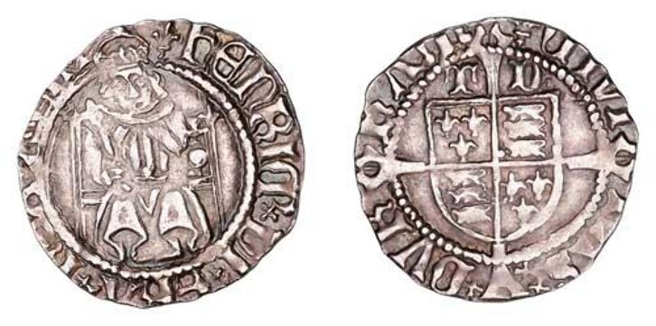 A penny issued by Bishop Thomas Ruthall between 1509 and 1523. This was during the reign of Henry VIII. The Bishop's initials, TD (for Thomas of Durham) can be seen above the shield. 