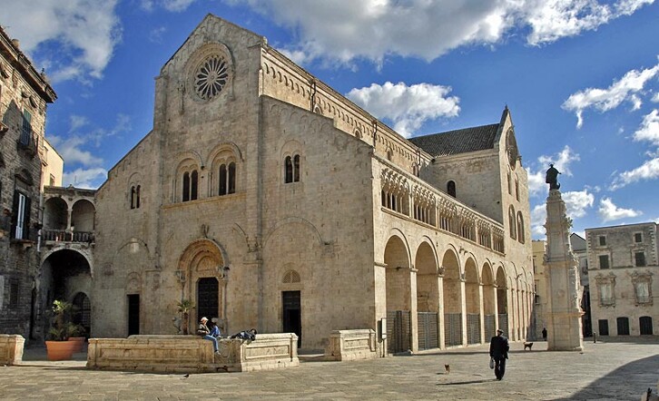 A view of the exterior of Bitonto Cathedral, Puglia, Italy, constructed in the 12th century.