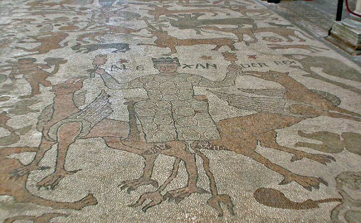 Detail of the mosaic floor on Otranto Cathedral, Italy, 12th century. The mosaics depict months of the year and the labour associated with them, signs of the zodiac, and important historic figures. This detail shows Alexander the Great. Mosaics featured prominently in Roman and Byzantine architecture, and it is not surprising to see that this craft tradition was very much alive in 12th century Italy.  