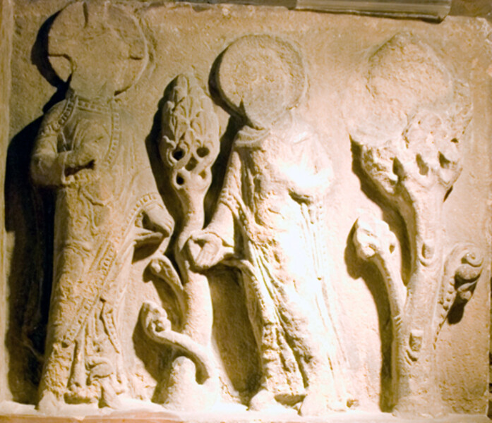 Fragment from the Rood Screen of Durham Cathedral, dating from around 1150. It shows the type of figural carving that would have once been found inside the Cathedral (but which was removed and often destroyed in the 16th century after the English Reformation). 