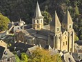 Aerial view of the church of Sainte Foy at Conques, contemporary with Durham Cathedral. Its two western towers resemble what those of Durham Cathedral would have looked like with spires. 