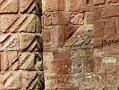 A pillar at Lindisfarne Priory, showing the chevron or zigzag design, which is also seen on the pillars of Durham Cathedral. As the priory was built by the Durham-based community of St. Cuthbert after the construction of the cathedral, it is likely that the same masons worked on both buildings, hence explaining the similarities. 