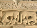 Capital depicting St Martin of Tours cutting his cloak in two to give half to a pilgrim, Abbey of St Pierre de Mossaic, France, circa 1100.